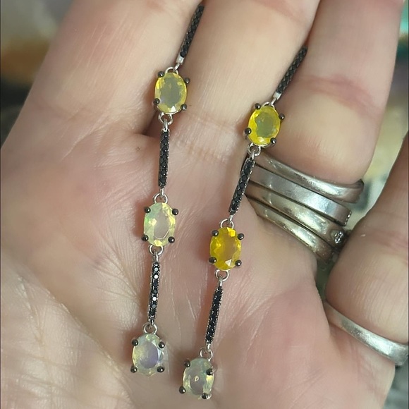 Faceted fire opals black spinel sterling silver long earrings - Picture 10 of 10